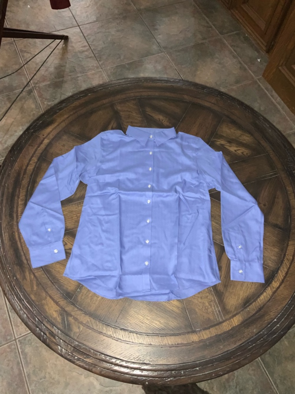 Lands' End Classic Women's Button-Down Shirt in Light Blue herringbone 10 NWT